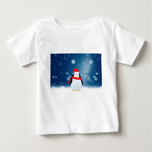 Cute Penguin w Red Santa Hat Christmas Snow Stars Baby T_Shirt
