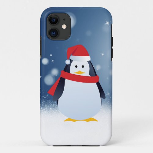 Cute Penguin w Red Santa Hat Christmas Snow Stars iPhone 11 Case