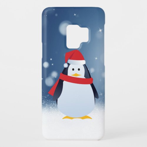Cute Penguin w Red Santa Hat Christmas Snow Stars Case_Mate Samsung Galaxy S9 Case