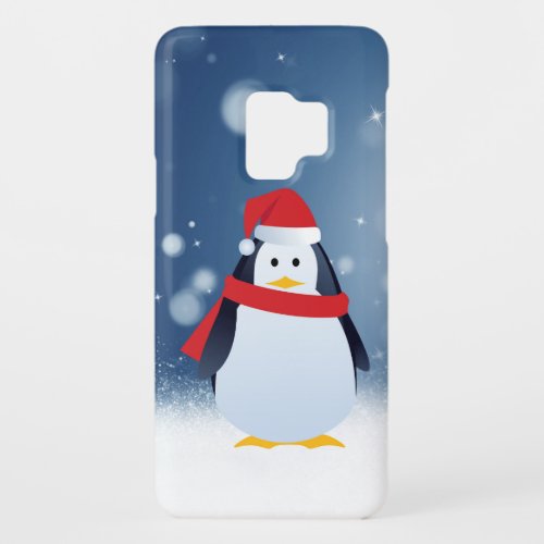 Cute Penguin w Red Santa Hat Christmas Snow Stars Case_Mate Samsung Galaxy S9 Case