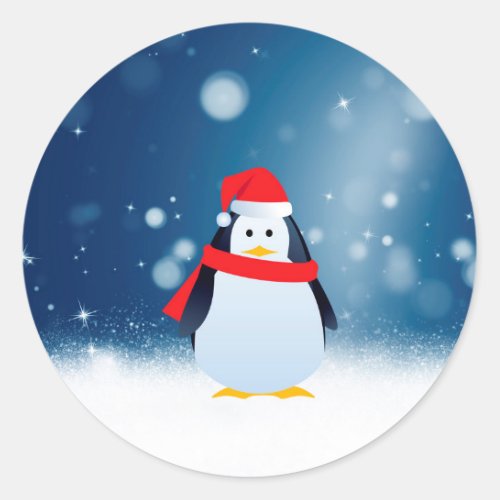 Cute Penguin w Red Santa Hat Christmas Snow Stars Classic Round Sticker