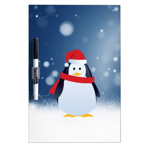 Cute Penguin w Red Santa Hat Christmas Snow Stars Dry_Erase Board