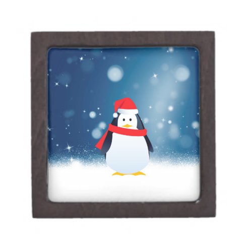 Cute Penguin w Red Santa Hat Christmas Snow Stars Gift Box
