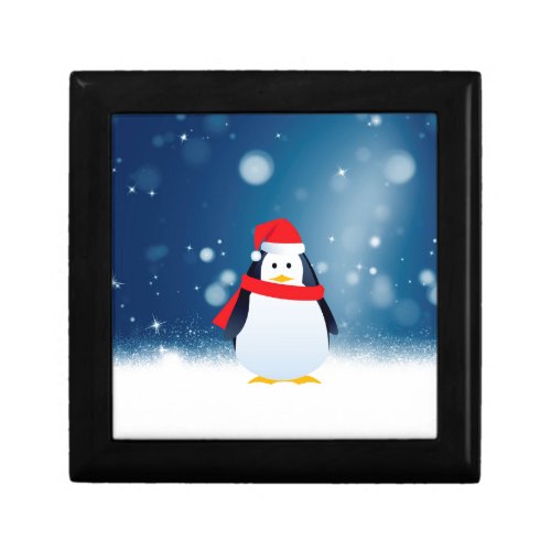 Cute Penguin w Red Santa Hat Christmas Snow Stars Gift Box