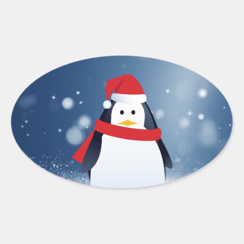 Cute Penguin w Red Santa Hat Christmas Snow Stars Oval Sticker