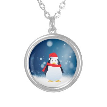 Cute Penguin W Red Santa Hat Christmas Snow Stars Silver Plated Necklace by aashiarsh at Zazzle