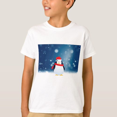 Cute Penguin w Red Santa Hat Christmas Snow Stars T_Shirt