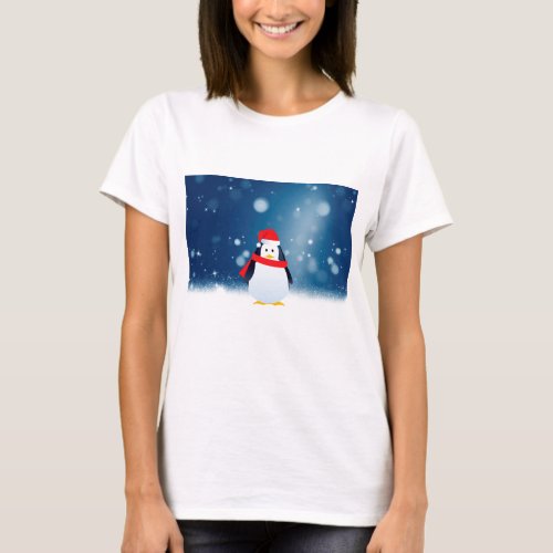 Cute Penguin w Red Santa Hat Christmas Snow Stars T_Shirt