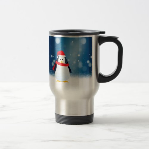 Cute Penguin w Red Santa Hat Christmas Snow Stars Travel Mug