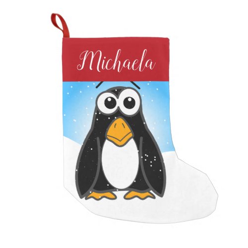 Cute Penguin w Snowflakes Blue Sky Kids Cartoon Small Christmas Stocking