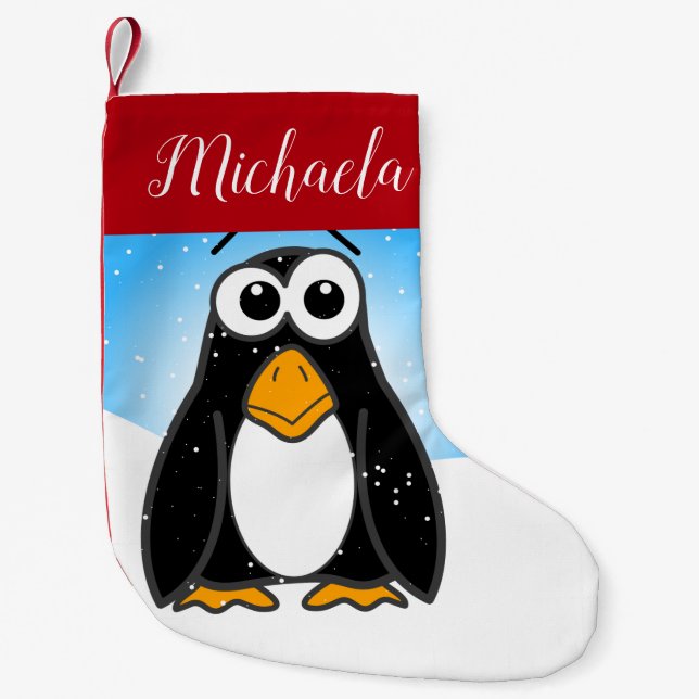 Cute Penguin w Snowflakes Blue Sky Kids Cartoon Small Christmas Stocking (Front)