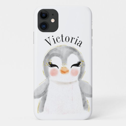 Cute Penguin Watercolor Name Modern iPhone 11 Case