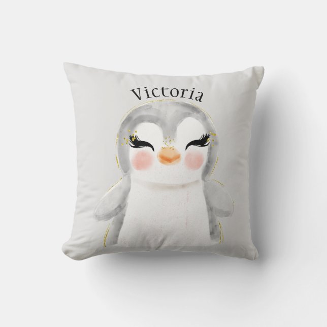 Cute Penguin Watercolor Name Typography Throw Pillow (Front)