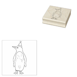 Cute Penguin Wearing A Santa Hat Line Art Rubber Stamp