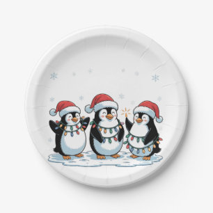Cute Penguin Wearing Santa Hat Xmas Penguin Lover Paper Plates