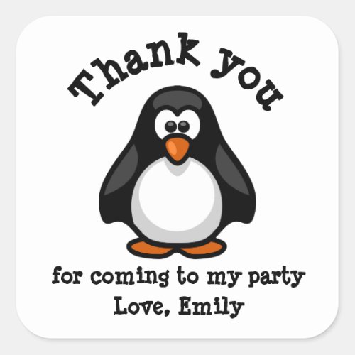 Cute Penguin White Birthday Party Thank You Square Sticker