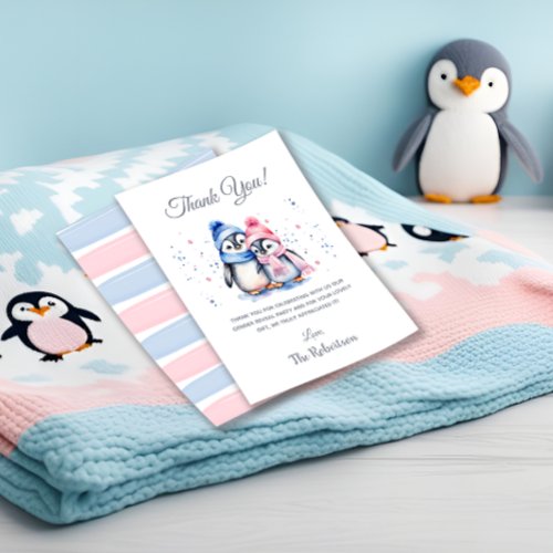 Cute Penguin Winter Animal Gender Reveal Party Thank You Card