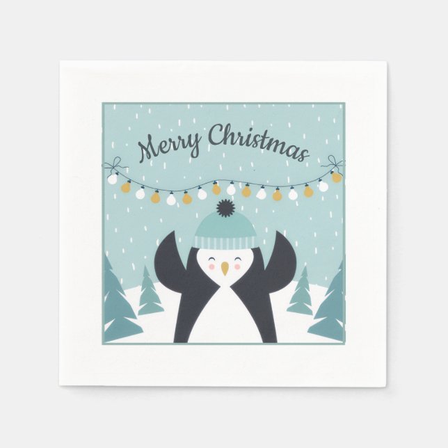 Cute Penguin Winter Art Merry Christmas Napkins (Front)