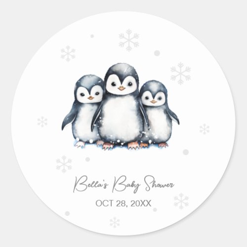 Cute Penguin Winter Baby Shower  Classic Round Sticker