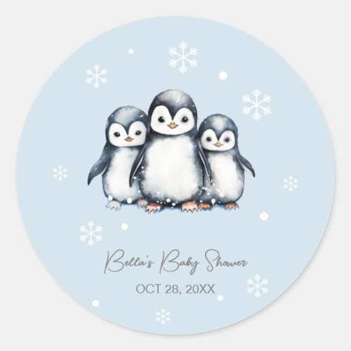 Cute Penguin Winter Baby Shower Classic Round Sticker