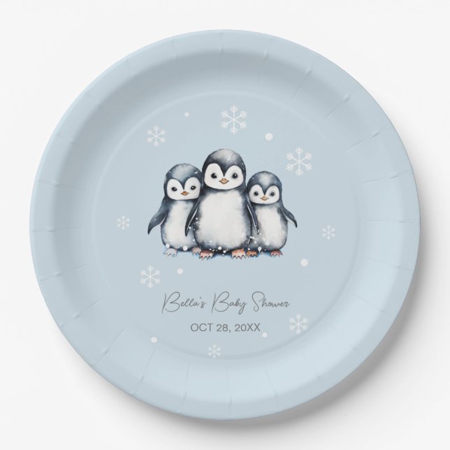 Cute Penguin Winter Baby Shower Paper Plates (Front)
