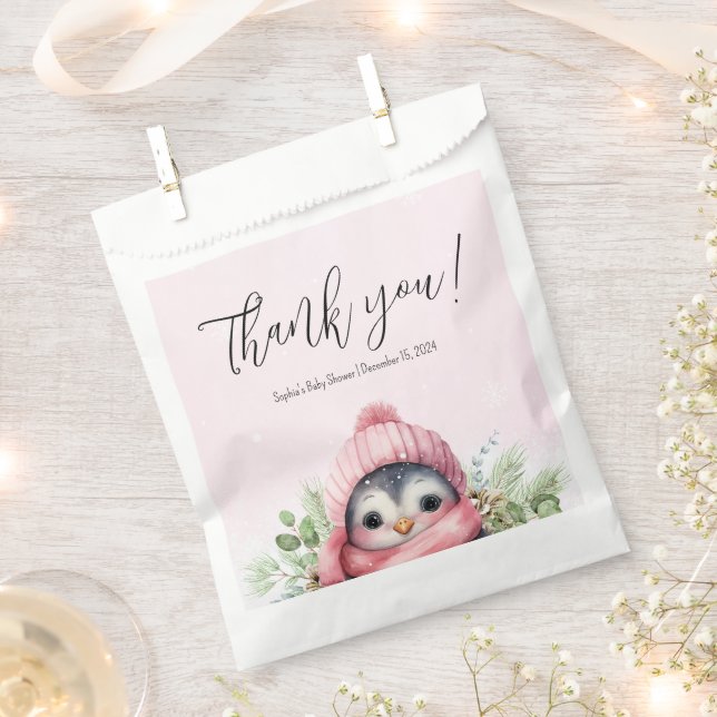 Cute Penguin Winter Baby Shower Pink Snow Favor Bag (Clipped)