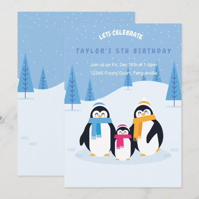 cute penguin winter birthday invitation card (Front/Back)