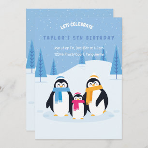 cute penguin winter birthday invitation card