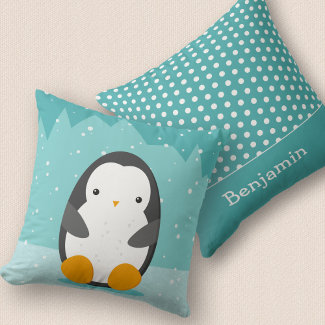 Cute Penguin Winter Cartoon and Name Blue 2-sided 