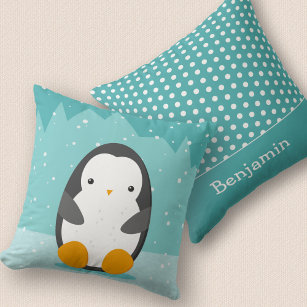 Cute Penguin Winter Cartoon and Name Blue 2-sided  Throw Pillow