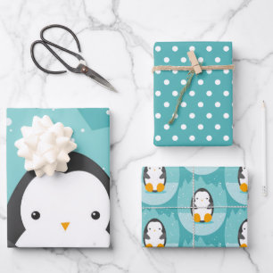 Cute Penguin Winter Cartoon Blue Wrapping Paper Sheets