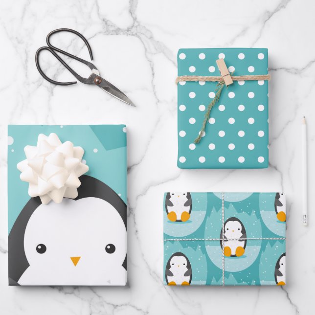 Cute Penguin Winter Cartoon Blue  Wrapping Paper Sheets (Front)