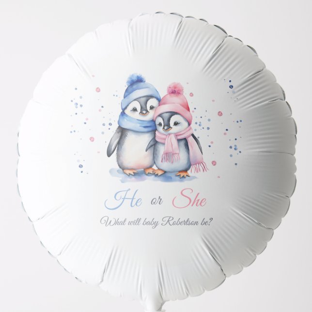 Cute Penguin Winter Fall Gender Reveal He or She Balloon (Front)