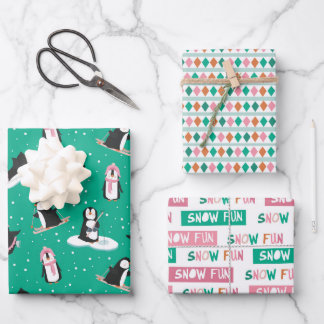 Cute Penguin Winter Fun Pink & Teal Wrapping Paper Sheets