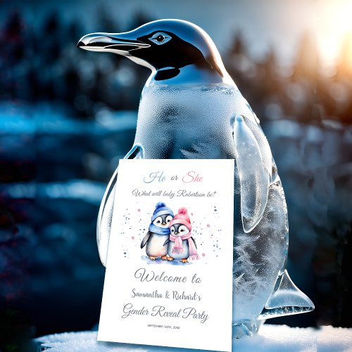 Cute Penguin Winter Gender Reveal Welcome Sign