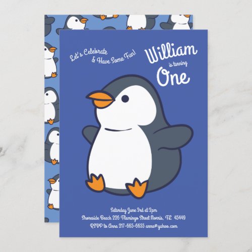 Cute Penguin Winter Kids 1st Birthday Party Invitation