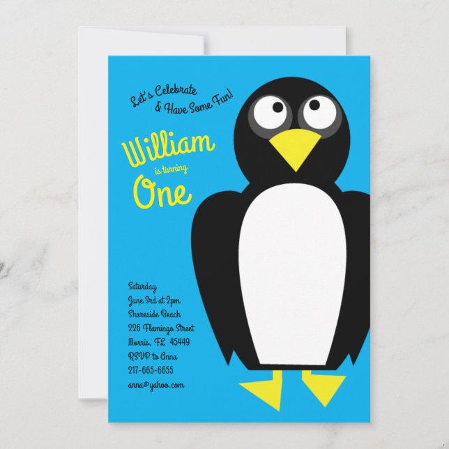 Cute Penguin Winter Kids 1st Birthday Party Invitation (Front)