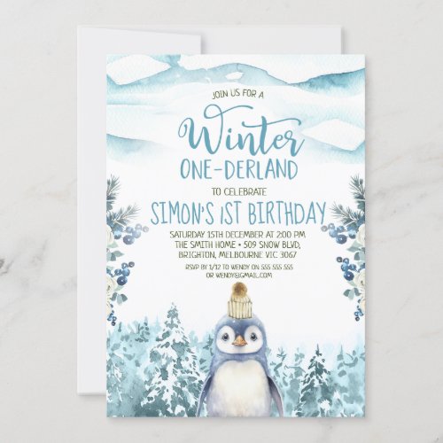 Cute Penguin Winter Onederland Birthday Invitation