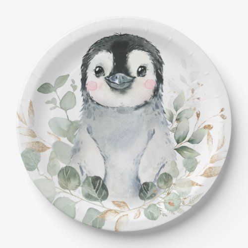 Cute Penguin Winter Onederland Greenery Gold Party Paper Plates