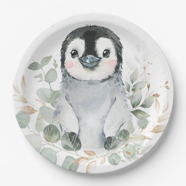 Cute Penguin Winter Onederland Greenery Gold Party Paper Plates (Front)