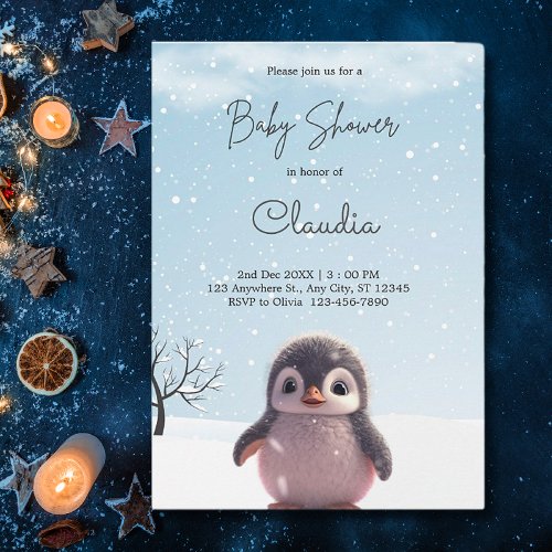 Cute Penguin Winter Snow Baby Shower Watercolor Invitation