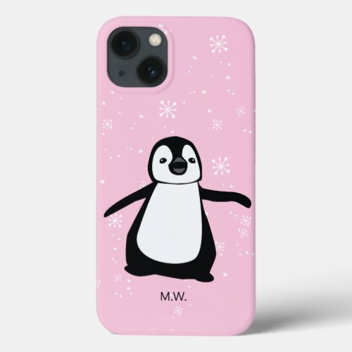 Cute Penguin Winter Snow Illustration Pink iPhone 13 Case