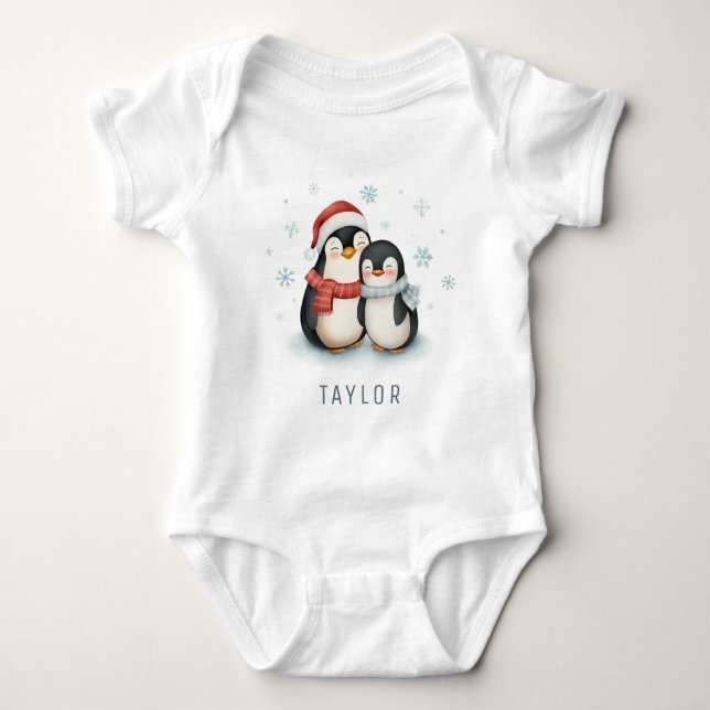 Cute Penguin Wintertime Personalized Baby Bodysuit (Front)