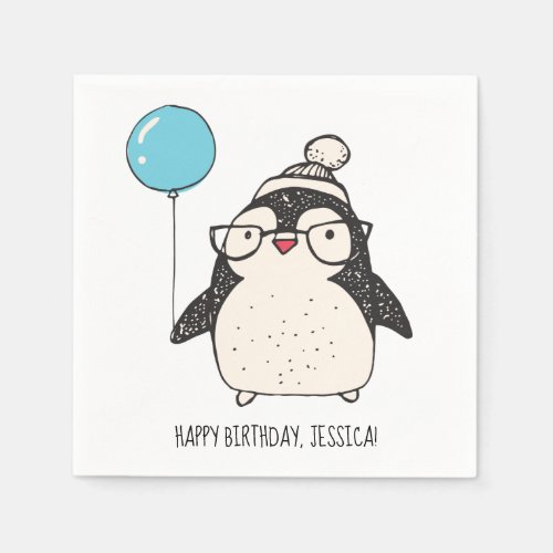 Cute Penguin with a Balloon Personalized Birthday Napkins