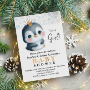 Cute Penguin with a Crown Baby Shower Invitation
