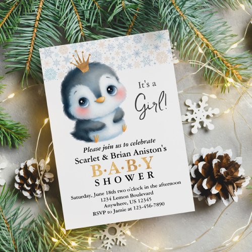 Cute Penguin with a Crown Baby Shower Invitation