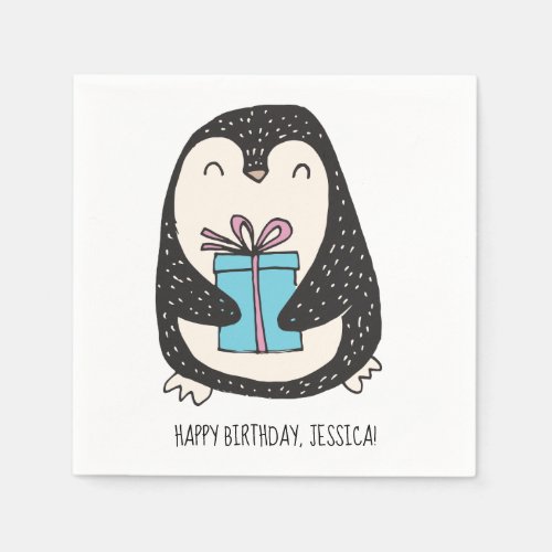 Cute Penguin with a Present Personalized Birthday Napkins