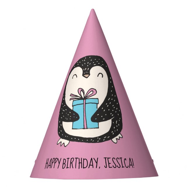 Cute Penguin with a Present Personalized Birthday Party Hat (Front)