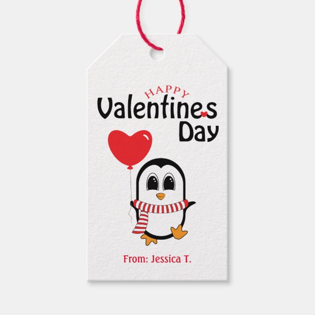 Cute Penguin with Balloon Valentine Tag (White) (Front)