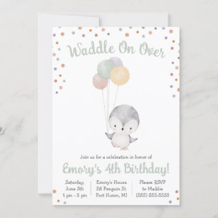 Cute Penguin with Balloons Birthday Party Invitation